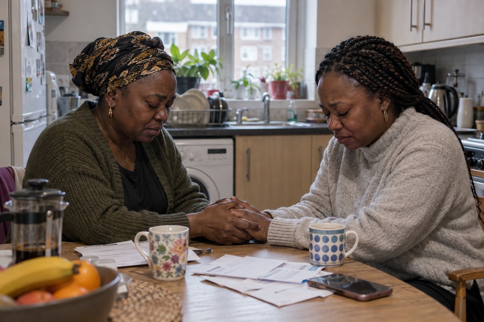 Two women holding hands in prayer at a kitchen table